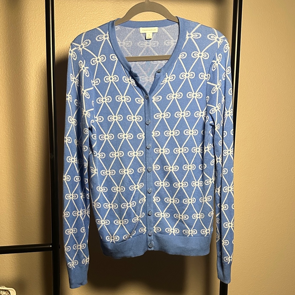 Charter Club Blue and White Bow Tie  Cardigan